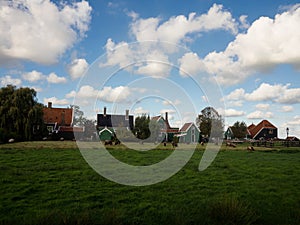 Landscape panorama of typical traditional house in Zaanse Schans river canal Zaandijk Amsterdam Holland Netherlands