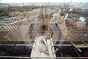 Landscape, panorama, view of factory slums with metal hulls and machines for the production of the coking industry,