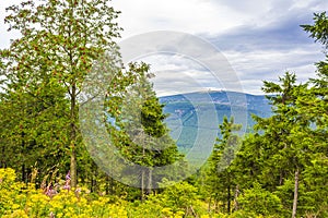 Landscape Panorama view on top of Brocken mountain Harz Germany