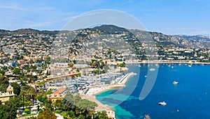 Landscape panoramic coast view between Nice and Monaco, Cote d'Azur, France, South Europe. Beautiful luxury resort of French