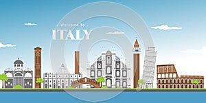 Landscape panoramic of Italy with Piza square buildings, Campanile and Cathedral of Pisa Cathedral Duomo di Pisa. The Leaning
