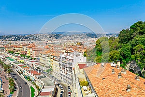 Landscape panoramic view of Nice, Cote d`Azur, France, South Europe. Beautiful city and luxury resort of French riviera. Famous
