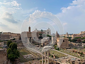 Landscape panoramic view of the Roman Forum - Tempio di Vesta, Lacus Curtius, Temple of Castor and Pollux, Basilica Giulia, Arco d