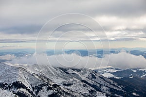 Landscape panoramic view of snowed winter tatra mountains