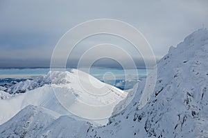 Landscape panoramic view of snowed winter tatra mountains