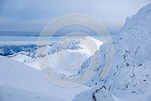 Landscape panoramic view of snowed winter tatra mountains