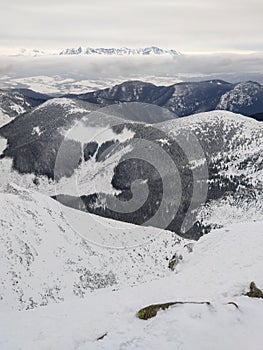 Landscape panoramic view of snowed winter tatra mountains