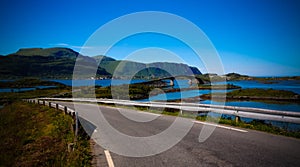 Landscape panoramic view to Fredvang bridge, Torvoya and buoya islands and Hovdanvika bay, Lofoten, Norway