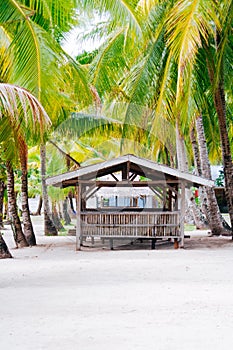 Landscape of paradise tropical island with palms cottages and white sand beach