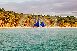 Landscape of paradise tropical island with palms and white sand beach. tourist spot in Asia Philippines