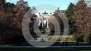 Landscape of the Parco Sempione, view across the Lake toward the Arch of Peace, Milan, Italy