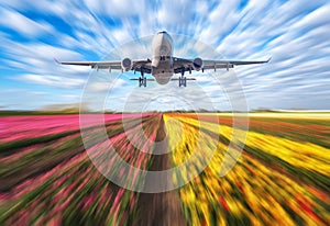 Landscape with passenger airplane is flying in blurred blue sky