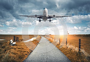 Landscape with passenger airplane is flying over the asphalt roa