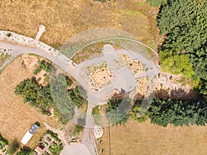 Landscape, paths and trees in the park, shot from the top point, frame from a height