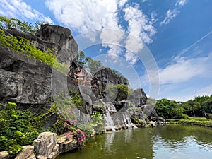 Landscape with pavilion and waterfall  in oriental nature garden