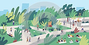 Landscape with people walking, playing, riding bicycle at city park. Urban recreation area with men and women performing