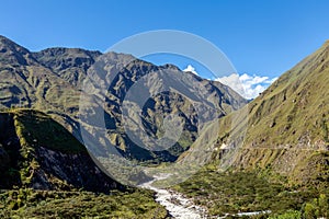 The Santa Teresa River in green lush valley. Hiking trail to Machu Picchu, Peru