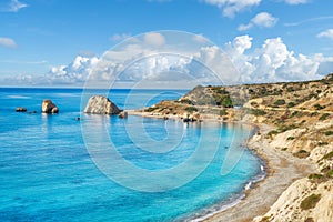 Landscape with Petra tou Romiou Aphrodite`s beach and rock in Pafos, Cyprus photo