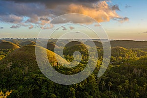 Landscape in Philippines, sunset over the chocolate hills on Bohol Island