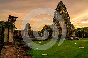 Landscape of Phimai Historical Park with sunset sky. Landmark of Nakhon Ratchasima, Thailand. Travel destinations. Historic site