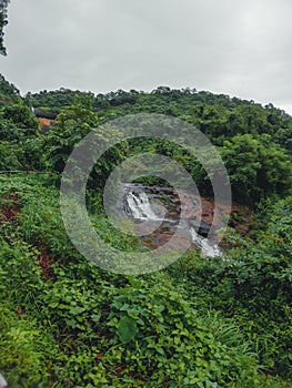 A landscape phot of a sawatsada waterfall in the middle of a forest in chiplun.