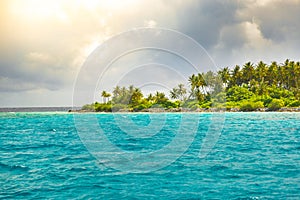 Landscape photo of beautiful paradise Maldives tropical beach on island. Summer and travel vacation concept