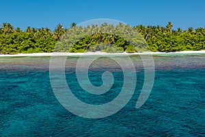 Landscape photo of beautiful paradise Maldives tropical beach on island. Summer and travel vacation concept