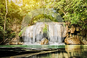 Landscape photo, Erawan Waterfall, beautiful waterfall rain forest