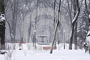 Landscape photo of morning snowfall in the Mariinsky park. Old fountain in the background. High layer of snow on the ground.