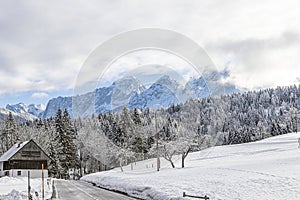 Landscape photo of mountain peaks of Julian Alps, winter time in Tarvisio Italy