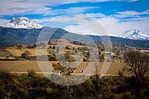 Landscape photo of popocatepetl and iztaccihuatl volcanoes in ce photo