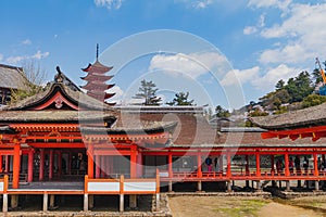 Landscape photo of the Shinto shrine during spring on Miyajima, Japan