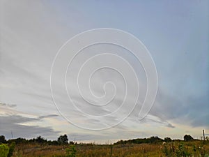 Landscape photo taken on a summer day in the afternoon with a beautiful sky with cirrus clouds, green fields, trees, plants on a