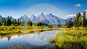 Landscape Photo of the view of the Grand Tetons from Schwabacher Landing in Grand Teton National Park