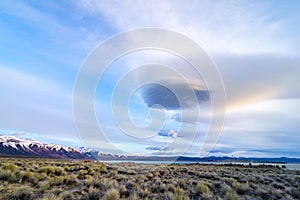 Strange clouds at Mono Lake with the Sierra Mountains in the distance at sunrise.