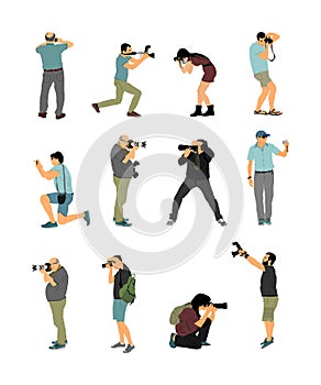 Landscape photographer with camera vector illustration. Paparazzi shooting on the event. Photo reporter on duty. Sport photography