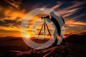 Landscape photographer with the tripod on top of mountain at sunset background.AI generated