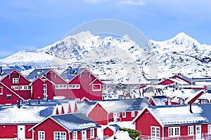 Landscape photography. Cloudy winter view of Nusfjord town, Norway, Europe. Morning scene of Lofoten Islands. Norwegian seascape