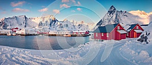Landscape photography. Panoramic winter cityscape of small fishing town - Hamnoy, Norway, Europe