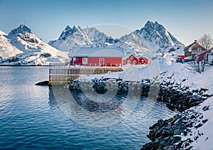 Landscape photography. Snowy winter view of small fishing village - Molnarodden, Lofoten Islands, Norway,