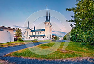 Landscape photography. Splendid morning view of Hateigskirkja church