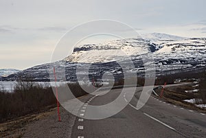 Landscape Picture of asphalt road in the Lapland in nord Sweden.