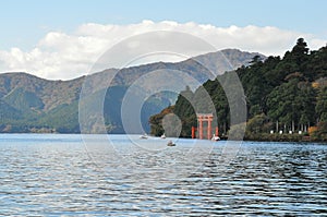 Landscape picture of lake and mountain with the red wooden shine