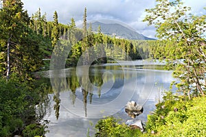 Landscape of the picturesque lake surrounded by mountain peaks and canyons