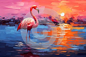 Landscape with a pink flamingo at sunset. Oil painting in impressionism style. Horizontal composition