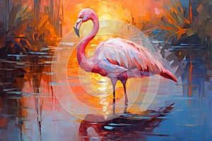 Landscape with a pink flamingo at sunset. Oil painting in impressionism style. Horizontal composition