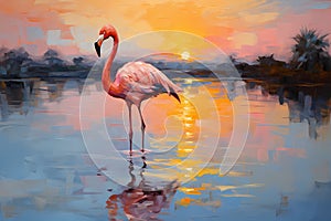 Landscape with a pink flamingo at sunset. Oil painting in impressionism style. Horizontal composition