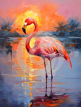 Landscape with a pink flamingo at sunset. Oil painting in impressionism style. Vertical composition