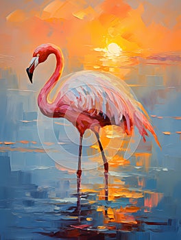 Landscape with a pink flamingo at sunset. Oil painting in impressionism style. Vertical composition