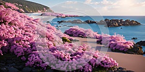 Landscape with pink flowers, rocks, beach and beautiful turquoise sea water.